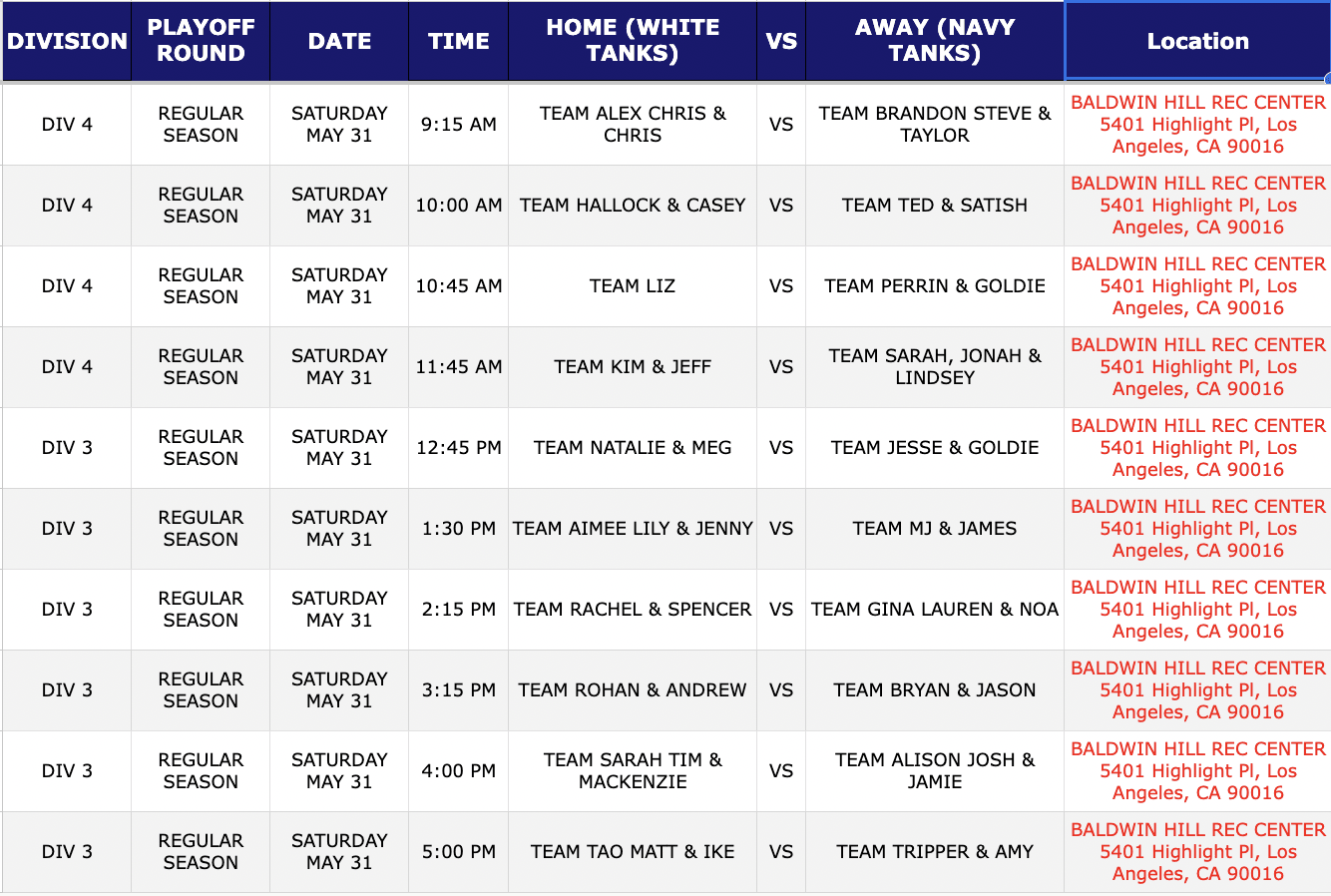 saturday may 31 game schedule